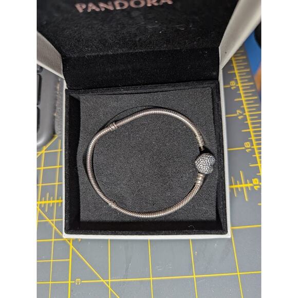 Pandora Sterling Silver Pave Barrel Clasp Snake Chain Bracelet – Box Included - Picture 3 of 3